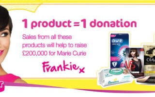 A smiling woman with short dark hair is on the left. On the right are various beauty and hygiene products. Text reads: "1 product = 1 donation. Sales from these products will help to raise £200,000 for Marie Curie." Marie Curie logo and #FeelSuper hashtag are shown.