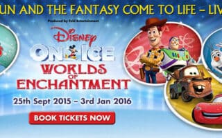 Colourful banner for "Disney On Ice: Worlds of Enchantment" featuring Ariel, Woody, Buzz Lightyear, Mater, Lightning McQueen, Elsa, Anna, and Olaf. Text says, “See the fun and the fantasy come to life – live on ice!” Show dates and a red "Book Tickets Now" button.