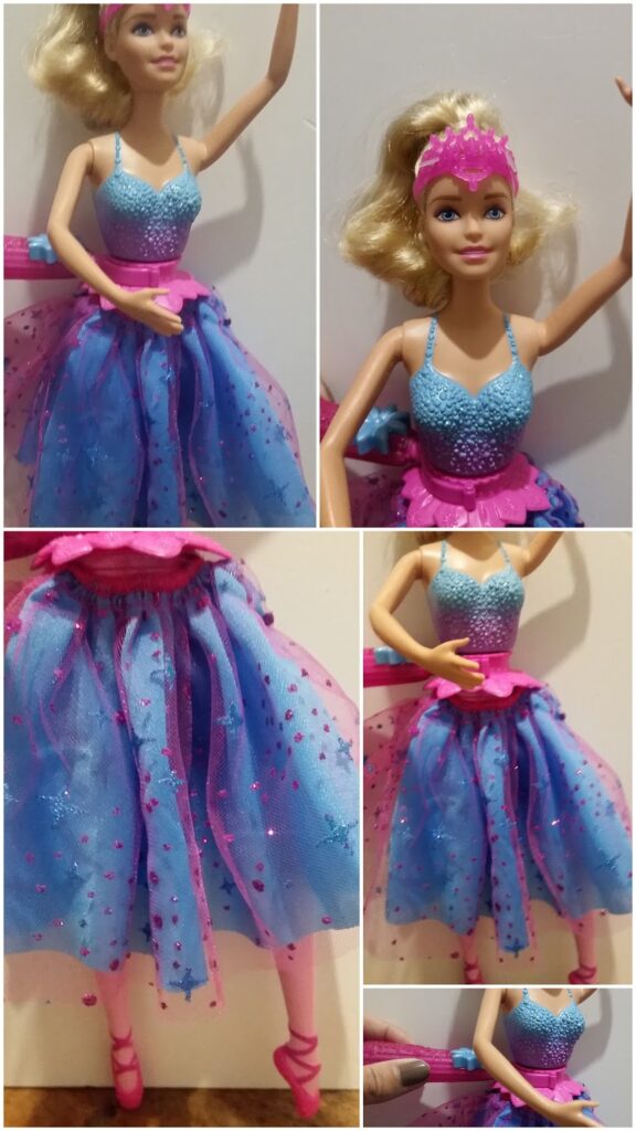 A blonde Barbie doll in a sparkly blue and pink ballerina outfit, shown in various poses and angles. She wears a blue bodice, a blue tutu with pink tulle overlay, pink ballet shoes, and a pink tiara on her head.