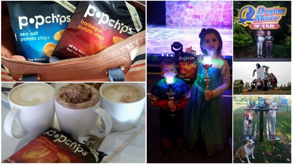A collage featuring: opened Popchips bags in a bag; two coffee drinks beside crisps; two children in fancy dress with glowing toys; two children posing at Drayton Manor sign; two children and adults in fancy dress outdoors; two kids with a dog near a fence.