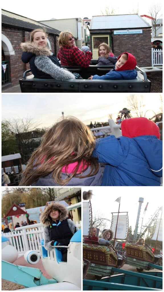 A collage of four photos shows children and an adult at a theme park: sitting in a ride car, two kids with arms raised on a ride, a girl in a parka beside a fence, and two kids on a swinging pirate ship ride with rides visible in the background.