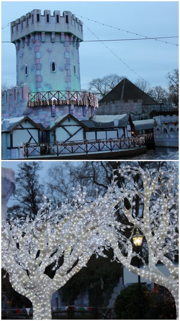 A pastel castle with fairy lights on a bridge is shown above, with leafless trees wrapped in white fairy lights and a lamp post below, all set outdoors on a cloudy day with wintry, festive decorations.