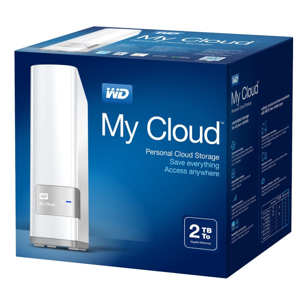 A blue box features the WD logo and product name "My Cloud" in white text. The packaging shows a white personal cloud storage device and highlights “2 TB” capacity, “Gigabit Ethernet,” and key features like saving everything and accessing data anywhere.