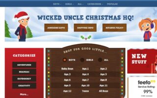 Screenshot of the Wicked Uncle website's Christmas HQ page. A festive banner shows cartoon children in winter clothes. Menu options include “Brilliant Gifts,” “Delivery Info,” and “Returns Policy.” Age, category filters, and a 99% service rating badge are visible.