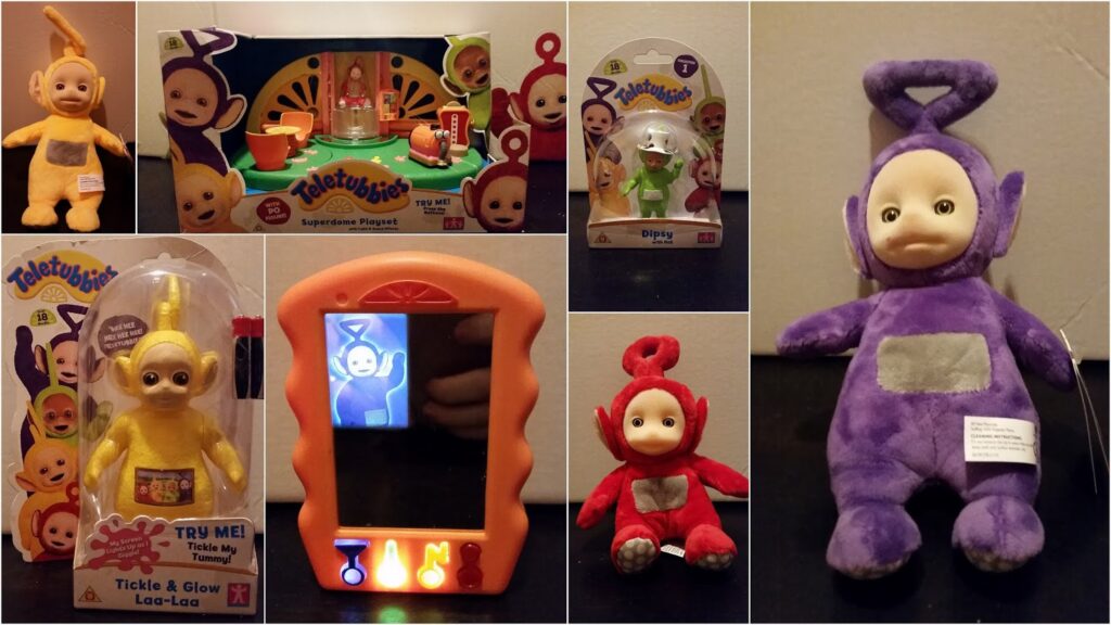 A collage of Teletubbies toys, including boxed figure sets, individual plush dolls of Laa-Laa, Dipsy, and Tinky Winky, a soft Laa-Laa doll with a glowing feature, a miniature Po, and an orange framed toy telly displaying a Teletubby image.