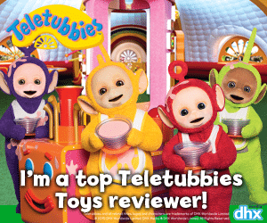 The four Teletubbies—Tinky Winky, Dipsy, Laa-Laa, and Po—smile and hold toy bowls in a colourful indoor setting. A badge says “Teletubbies.” Text at the bottom reads: “I’m a top Teletubbies Toys reviewer!” The DHX logo is in the corner.