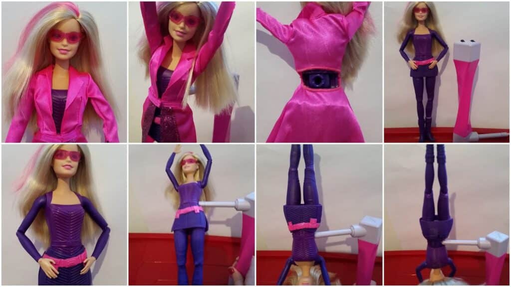 A blonde doll in a pink and purple outfit and sunglasses poses and is held upside down by a pink-and-white stand. The collage shows close-ups of her front, back, belt, arms raised, and her being secured, lifted, and held inverted by the stand.