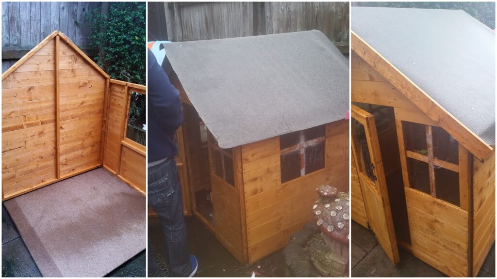 A three-panel image shows the assembly of a small wooden playhouse: left, the unfinished frame with flooring; centre, someone attaching a grey roof; right, the completed playhouse with windows, door, and roof, set outdoors by a wooden fence and plants.
