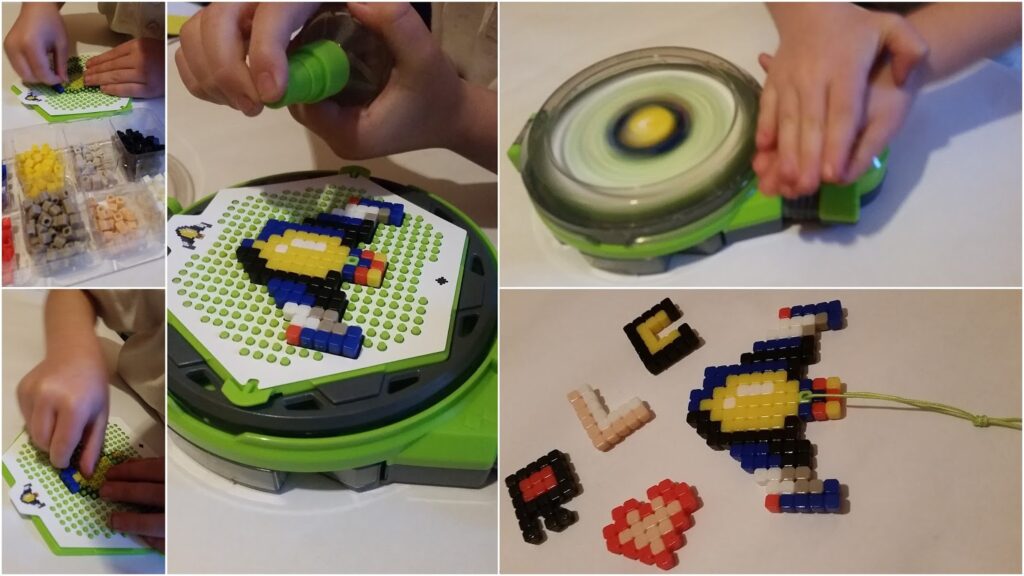 A collage shows a child creating bead art. The child places coloured beads on a pegboard, spins the board using a green handle, and applies a spray. Finished pixel-art designs, including a rocket, heart, and letters, are displayed on a white surface.