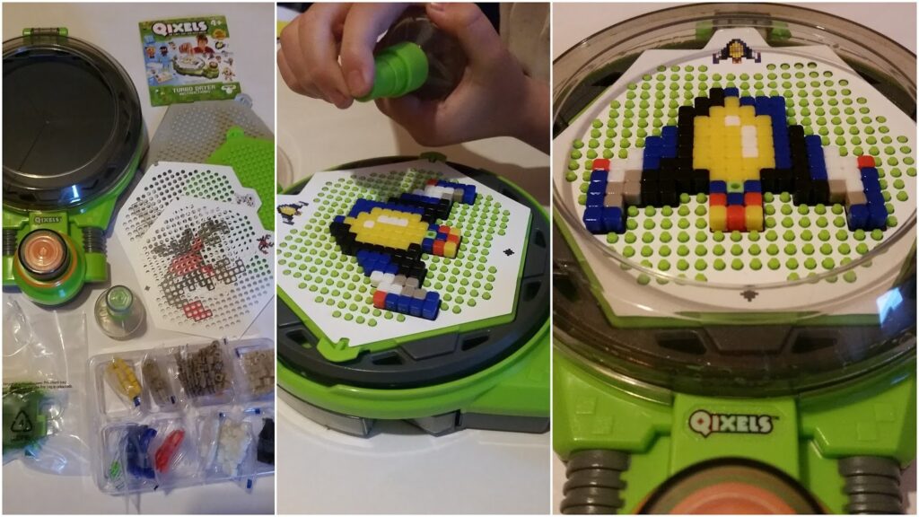 Three photos show a Qixels crafting kit: unpacked pieces and instructions, hands assembling colourful beads into a penguin on a green board, and a close-up of the finished pixelated penguin bead design on the board.