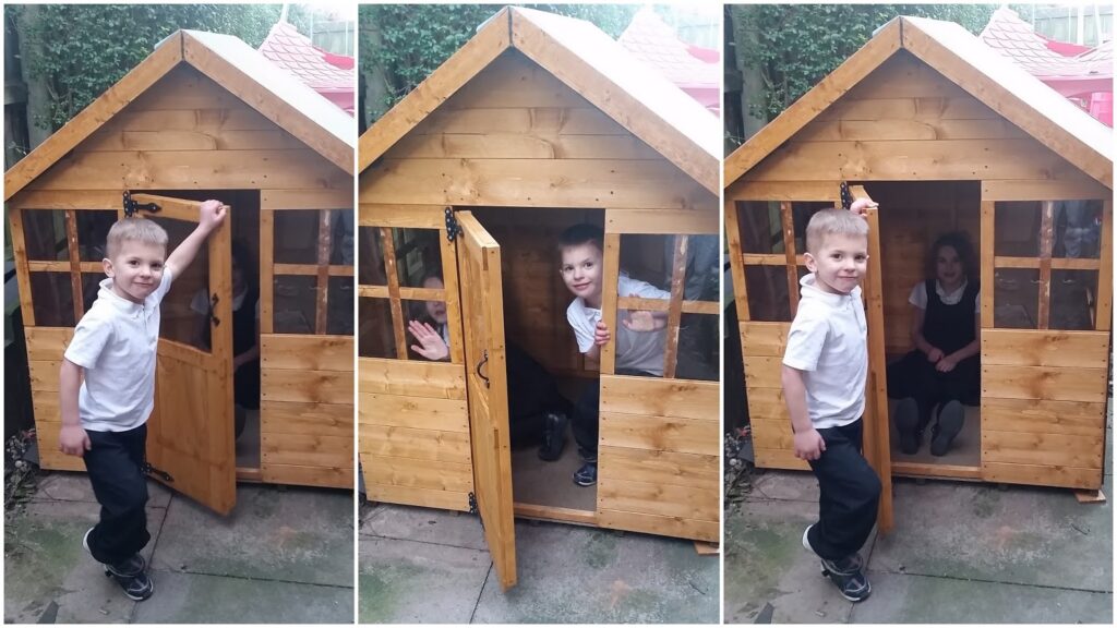 Three-panel photo shows a young boy in a white shirt and black trousers opening the door of a small wooden playhouse. In the last panel, the boy stands outside whilst a girl sits inside, looking out through the doorway.