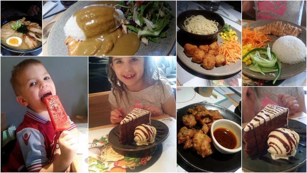 A collage of nine photos shows various dishes and children eating. The foods include ramen, rice with curry sauce, salad, noodles with fried chicken, sliced veg with rice, fried food with dipping sauce, and slices of chocolate cake. Two kids are happily eating.