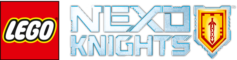 The image shows the LEGO logo in a red square on the left, and the metallic blue "Nexo Knights" logo with a yellow and red sword shield emblem on the right.