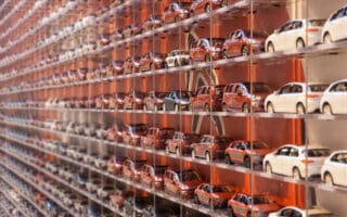 Rows of small model cars, mostly red and white, are neatly arranged on shelves that extend into the distance, creating a repeating, grid-like pattern. The image is taken from an angle, emphasising the depth and repetition of the miniature cars.