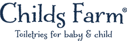 The logo reads "Childs Farm" in large, navy blue, playful font. Below, smaller text says "Toiletries for baby & child" on a light grey background. The design is simple and child-friendly.
