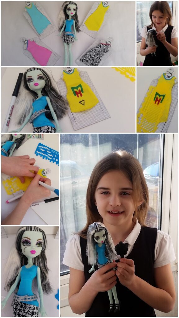 A young girl smiles and holds a Monster High doll with black-and-white hair. Photos show her designing and colouring outfits for the doll on paper, then displaying the handmade yellow dress with an "M" and heart.