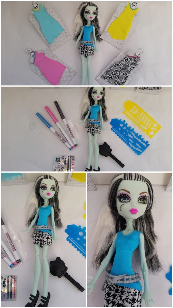 A collage shows a Monster High doll with pale green skin, black and white hair, wearing a blue top and patterned skirt. Surrounding her are various markers, stencils, a black key-shaped brush, and paper doll clothes for colouring and customising.