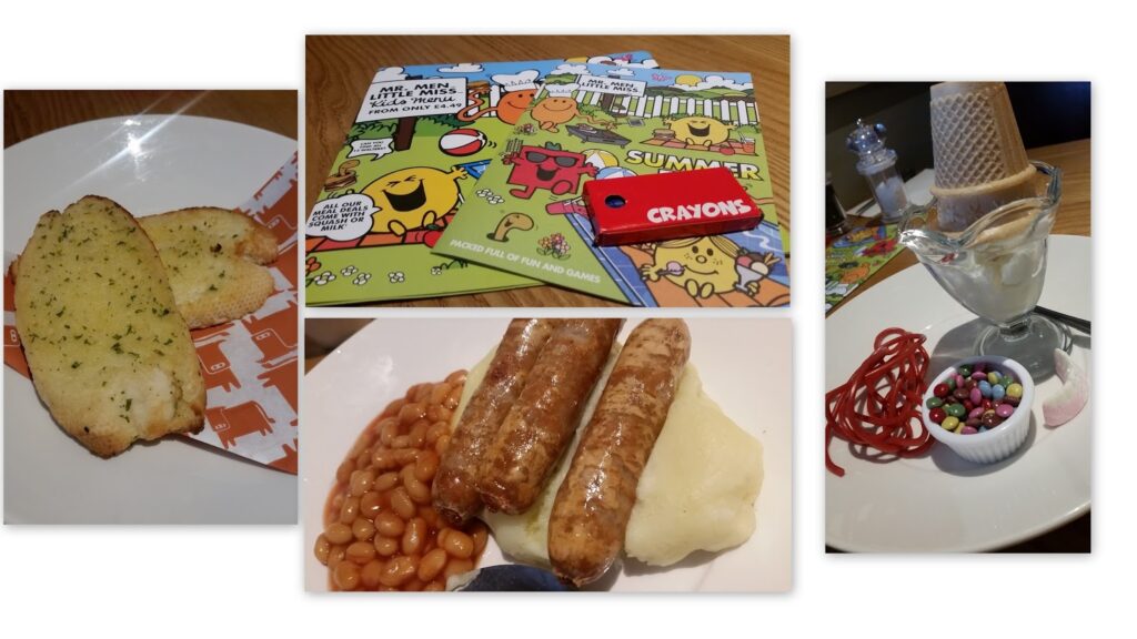 Four photos: garlic bread slices on a plate, a children’s colouring book with crayons, a plate of sausages with mashed potato and baked beans, and a sundae glass with ice cream, wafer, cone, red sweet laces, and colourful chocolate sweets.