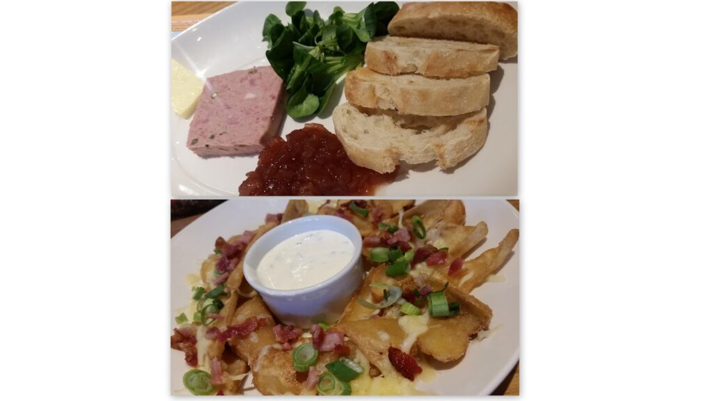 The image is split into two sections: the top shows slices of bread, green leaves, a block of pâté, butter, and red chutney on a plate; the bottom displays potato slices topped with bacon, cheese, spring onions, and ranch dip in a cup.