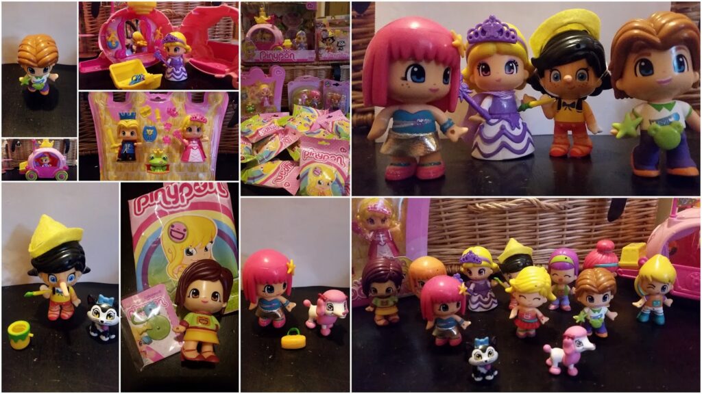 A collage of photos showing colourful plastic dolls and animal figurines with big eyes, bright clothes, and accessories. Some are arranged in groups, while others are shown in packaging or posed with small toys and pets against a wicker basket background.