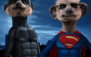 Two meerkats stand side by side; one wears a black Batman costume, the other wears a blue Superman suit with glasses and a red cape. The background shows a dark, cloudy sky and a city skyline. Both meerkats look proud and heroic.