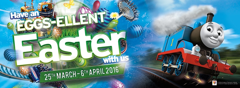 Colourful Easter-themed banner featuring large text: “Have an EGGS-ELLENT Easter with us 25th March–6th April 2016.” Decorated eggs and confetti fill the left, while Thomas the Tank Engine smiles on train tracks at right against a blue sky.
