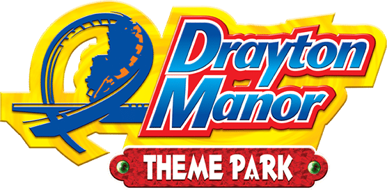 Drayton Manor Theme Park logo featuring a blue rollercoaster track on a yellow background, with "Drayton Manor" in blue and red outlined letters, and "Theme Park" in white on a red banner below.