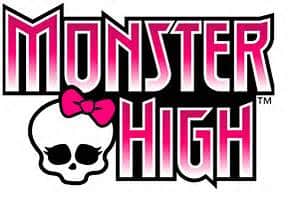 The image shows the "Monster High" logo with bold, pink gradient letters outlined in black. Below “Monster” and to the left of “High” is a white skull with black eyes and nose, wearing a bright pink bow on its head.