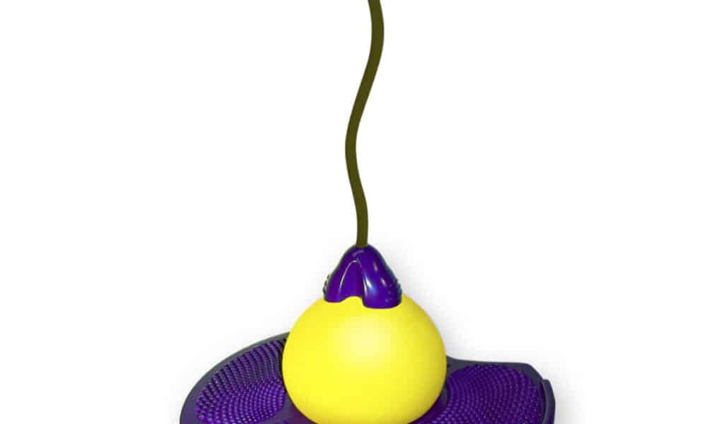 A yellow pogo ball toy with a purple circular platform in the centre, a handlebar at the top, and a cord connecting the handle to the ball, designed for jumping and balance activities.