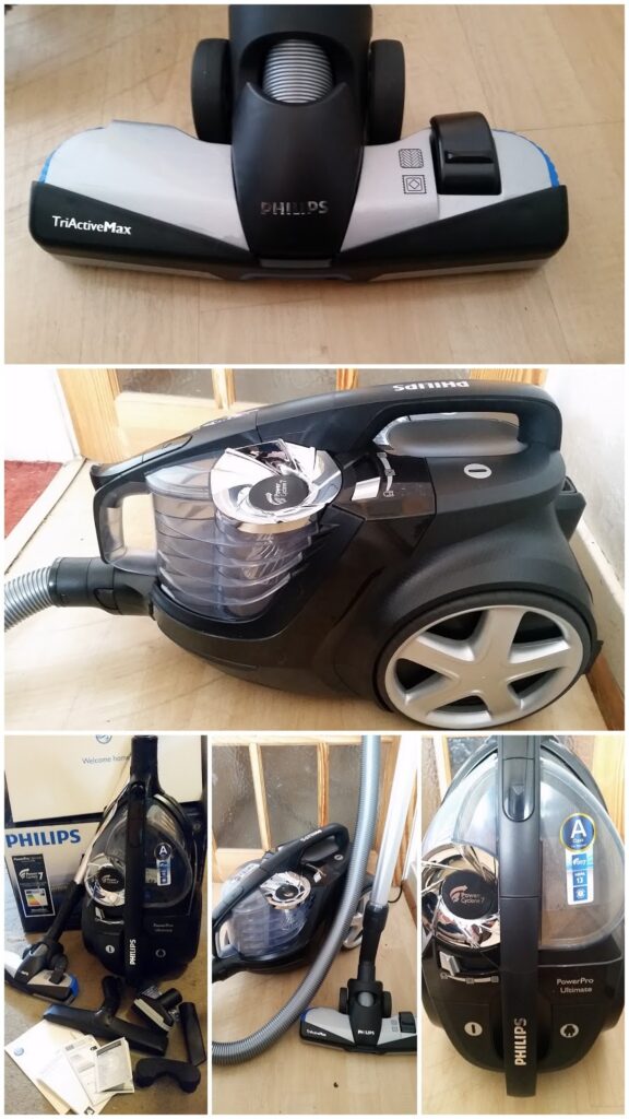 A collage of five photos shows a black and grey Philips vacuum cleaner with a transparent canister, large wheels, a hose, attachments, and box. Close-ups highlight the TriActiveMax floorhead and various angles of the assembled vacuum on a light wood floor.
