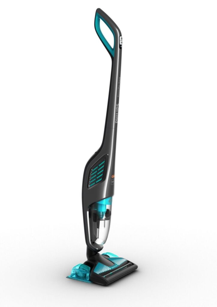 A sleek, modern upright cordless vacuum cleaner with a black and teal colour scheme stands on a white background. It features a transparent dust container and a slim handle, designed for lightweight, easy manoeuvring and versatile cleaning.