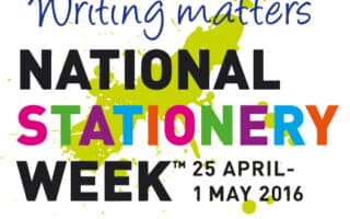 A colourful graphic reads "Writing matters NATIONAL STATIONERY WEEK 25 April–1 May 2016." "STATIONERY" is in brightly coloured letters over a yellow paint splatter. Sponsor logos appear at the bottom: STAEDTLER, SHEAFFER, Helix, Maped, NU:, and BIC.