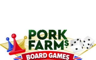 Logo with two dice, red and blue board game pieces on a yellow games board. Text reads: "Pork Farms Board Games Championships" with "Board Games" on a red banner and "Championships" on a ribbon with Union Jack flag colours.