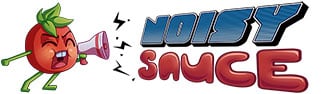 A cartoon tomato with arms, legs, and green leaves shouts into a pink megaphone. Next to it, bold text reads “NOISY SAUCE”—“NOISY” in blue gradient letters, “SAUCE” in red bubble letters. Black sound lines emphasise the shouting action.