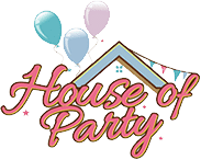 A logo with the words “House of Party” in pink cursive letters under a stylised roof. Three pastel balloons float above the roof. Small triangular bunting and pink sparkles add a festive touch to the design.