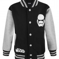 A black varsity jacket with light grey sleeves and trim, featuring a white Star Wars logo on the lower left side and a white Stormtrooper helmet graphic on the upper right chest. The jacket has white buttons and striped cuffs and waistband.