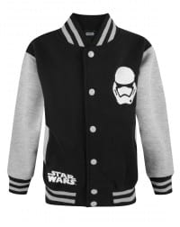 A black varsity jacket with light grey sleeves and trim, featuring a white Star Wars logo on the lower left side and a white Stormtrooper helmet graphic on the upper right chest. The jacket has white buttons and striped cuffs and waistband.