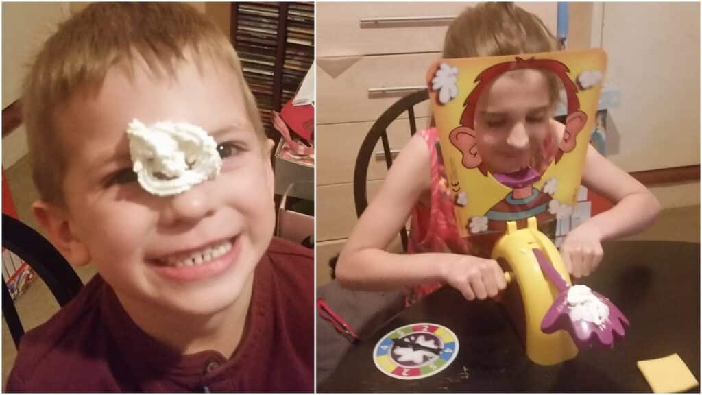 The image is split into two photos. On the left, a smiling child has whipped cream on his forehead and nose. On the right, a child is playing the Pie Face game, with their face in the mask and whipped cream on the hand mechanism, ready to launch.