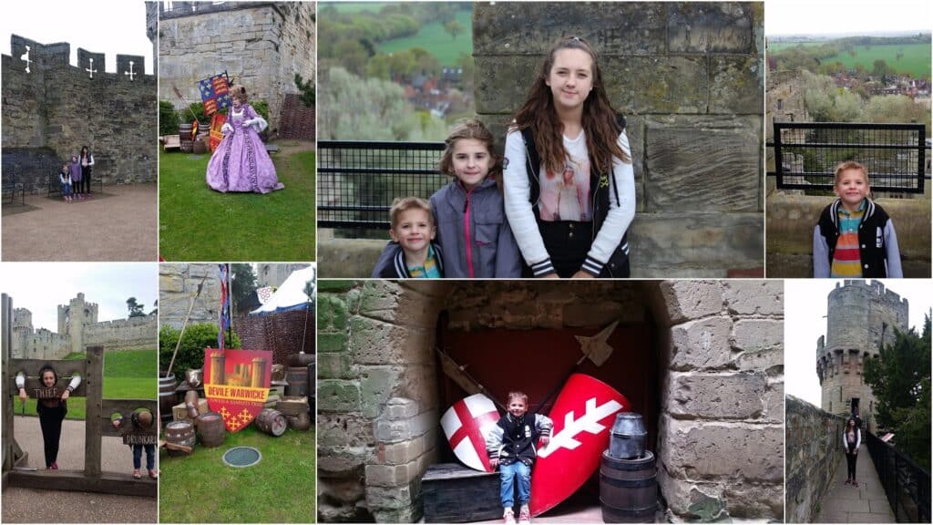 A collage of children and a woman exploring a medieval castle, including stone walls, battlements, a woman in a pink dress, large shields, and scenic views. The children pose and smile in various castle locations, with greenery and distant hills in the background.
