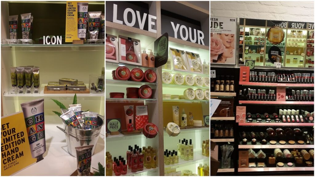 A collage of three photos shows shop shelves displaying various skincare and beauty products, including hand creams, body butters, and cosmetics, with promotional signs and colourful packaging arranged neatly under bright lighting.