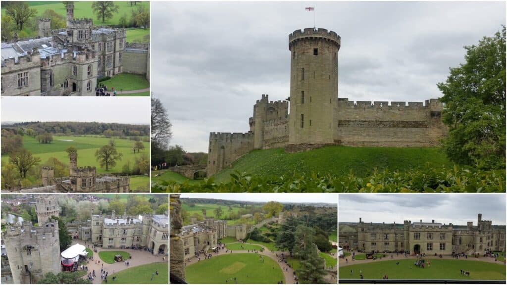 A collage of five photos shows Warwick Castle: stone towers, battlements, a central round keep with a flag, lush green lawns, people walking, and surrounding countryside under a cloudy sky. Some photos focus on castle details; others show panoramic views.