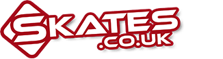 Logo for "Skates.co.uk" with bold, white, stylised text outlined in red. The letter "S" is inside a red diamond shape, and the rest of the text follows to the right. The background is light grey.