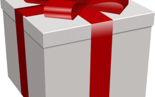 A square white gift box wrapped with a shiny red ribbon, tied into a large, decorative bow on top. The box is viewed at an angle, showing two sides and the lid, with the ribbon crossing both horizontally and vertically.