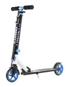 A black and white kick scooter with blue handlebars, blue wheels, and blue accents. The scooter is standing upright on its kickstand, and has the word “FRENZY” written vertically in white on the black stem.