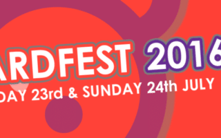 A bold graphic banner for SHARDFEST 2016 with large text announcing dates: “Saturday 23rd & Sunday 24th July.” Logos for Switch Radio, Leon Community Radio, and Love Edgbaston appear on the right over a red and orange abstract background.