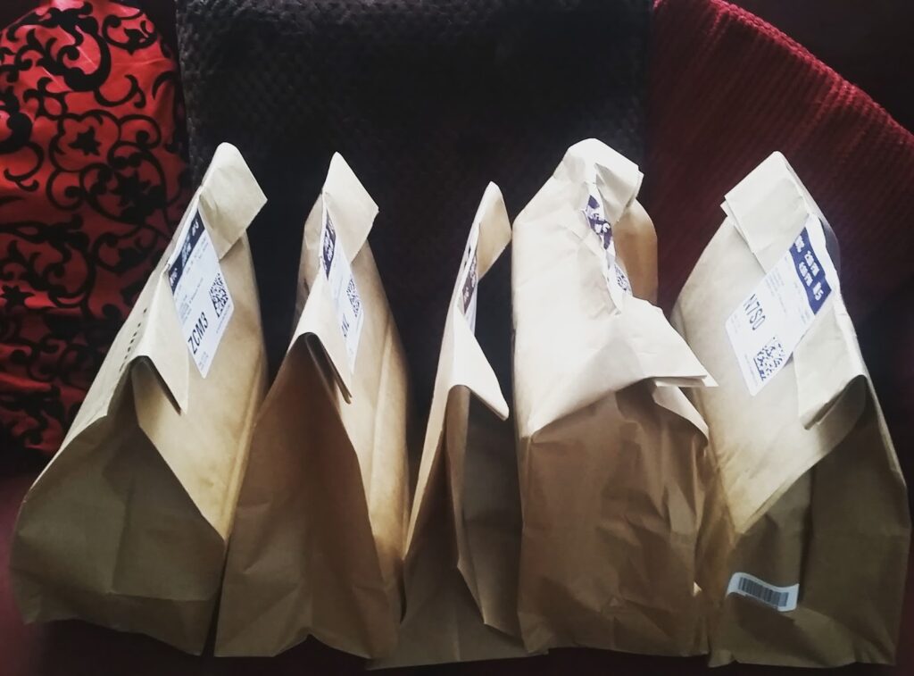Five brown paper bags with printed shipping labels are lined up in a row on a surface. Behind them, there are textured and patterned cushions in dark red and black shades, partially visible in the background.
