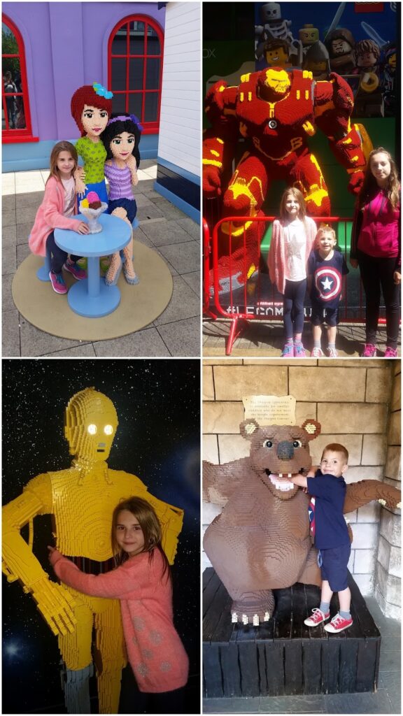 Four photos of children posing with large LEGO sculptures: Top left, two girls sit by a LEGO Friends display; top right, two girls stand by a Hulkbuster suit; bottom left, a girl hugs a LEGO C-3PO; bottom right, two children stand with a LEGO bear.