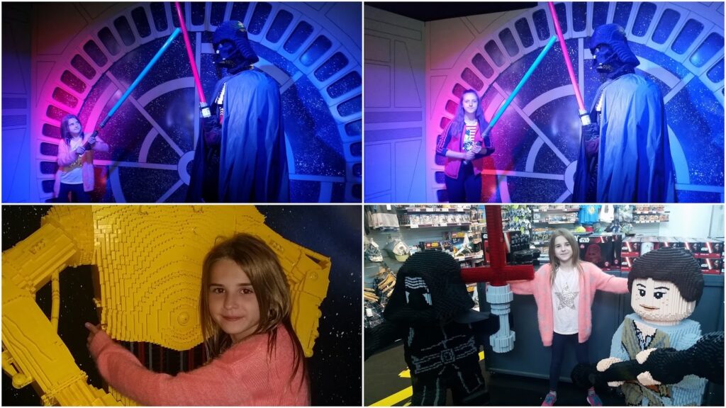 A young girl poses with life-sized LEGO Star Wars figures: Darth Vader in a spaceship setting, hugging a large yellow LEGO moon, and standing between Kylo Ren and Rey figures in a toy shop. The atmosphere is playful and colourful.