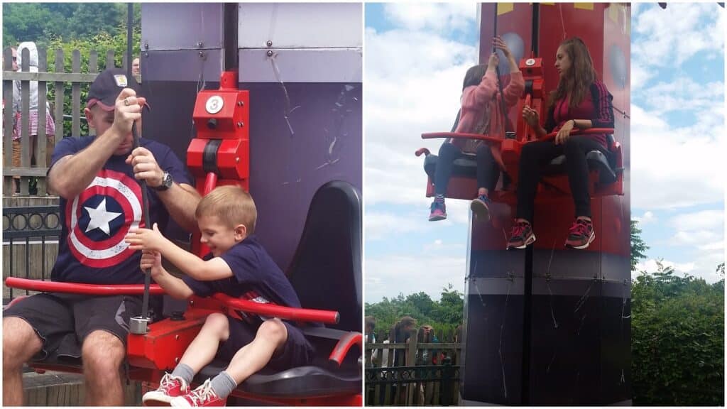 A split image shows two scenes on the same funfair ride. Left: An adult and a boy in Captain America shirts pull a lever, concentrating. Right: Two girls with ponytails sit and grip the lever, looking at each other. Trees and blue sky are visible behind them.