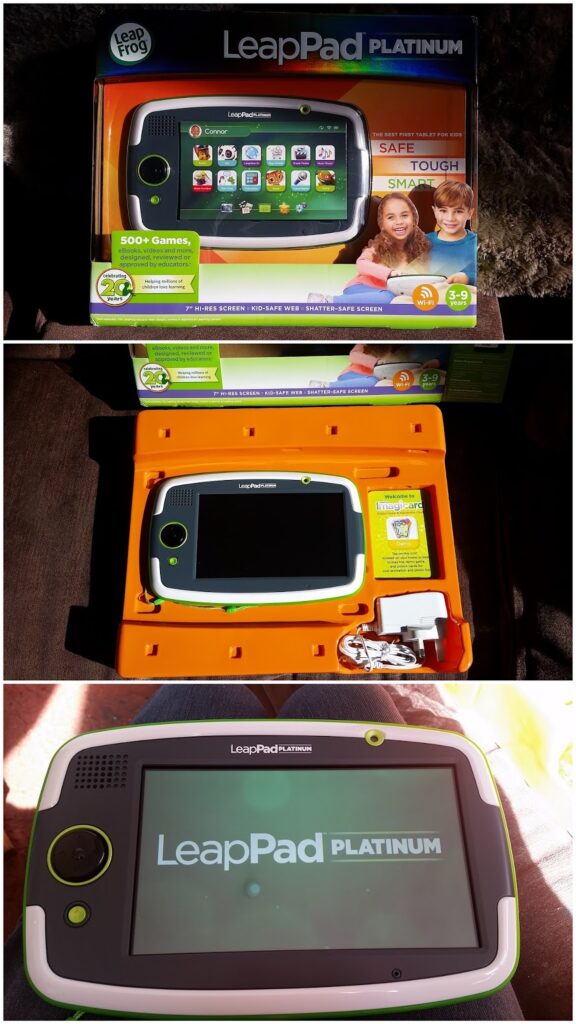 Three images of a LeapFrog LeapPad Platinum children’s tablet: the boxed tablet showing apps on the screen, the opened box displaying the tablet, USB cable, and instructions, and a close-up of the tablet powered on with the LeapPad Platinum logo.